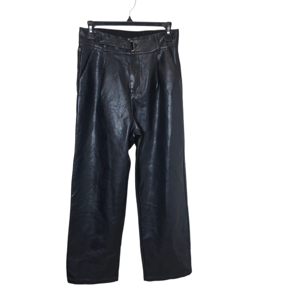 Commense Womens L Black Faux Leather High Rise Straight Leg Trouser Pants
